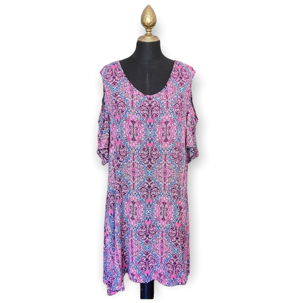 Relativity Dress Boho Scoop Neck Cold Shoulder Pink Blue Size XL